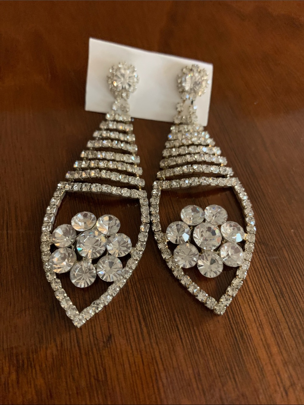 Crystal Drop Floral Statement Earrings - Silver Tone